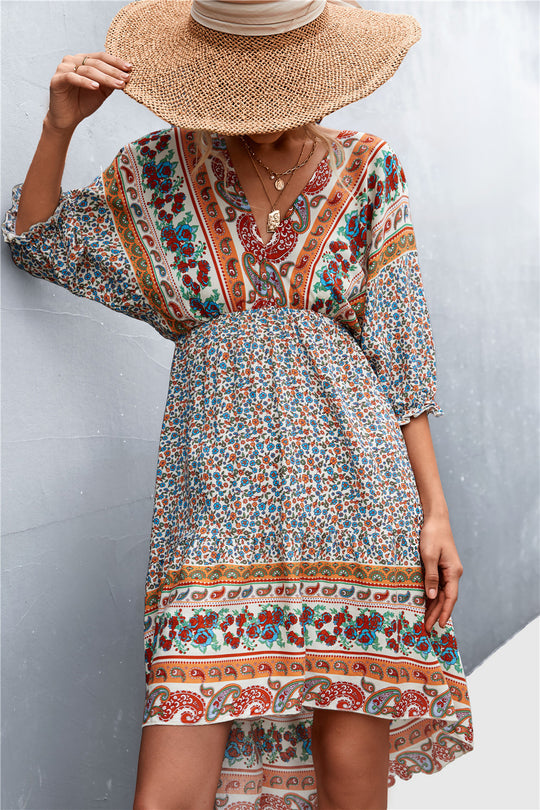 Damen Langarmkleid mit boho-inspiriertem Druck und elastischem Bund EB