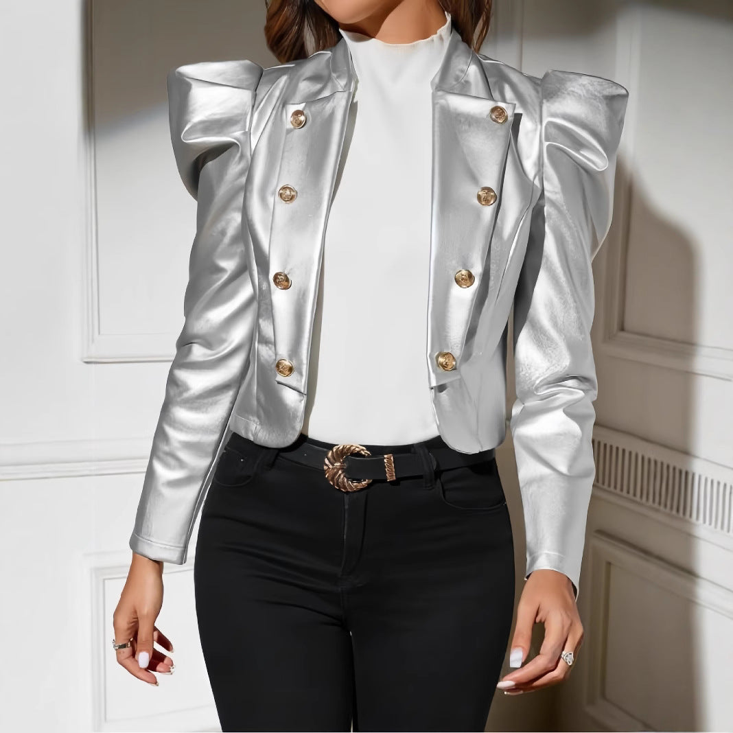 Damen Modische Kunstlederjacke mit puffärmeligen Details und goldenen Knöpfen EB
