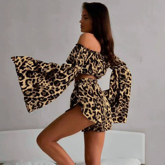 Damen Offshoulder Crop-Top mit weitem Arm und Leopardenmuster EB
