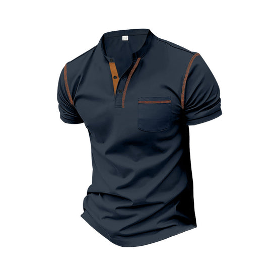 Herren nan Kurzarm-Polo im Henleystil mit Stehkragen, Brusttasche und Kontrastnaht EB
