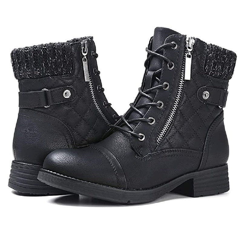 Damen nan gequiltete Schnür-Bikerboots mit seitlichem Reißverschluss, gepolstertem Schaft und robustem Profilsohle EB