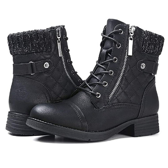Damen nan gequiltete Schnür-Bikerboots mit seitlichem Reißverschluss, gepolstertem Schaft und robustem Profilsohle EB