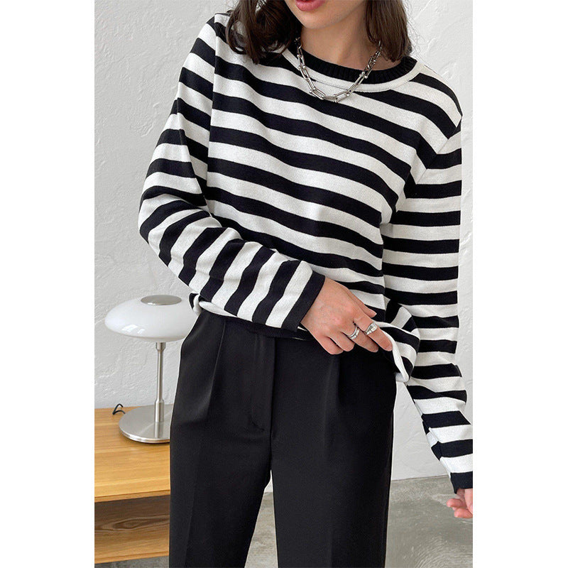 Damen nan gestreifter Baumwollpullover mit Rundhals und legerer Passform EB