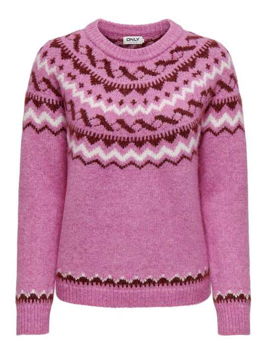 Damen nan melierter Rundhalsausschnittpullover mit kreisförmigem Jacquard-Yoke und geripptem Saum EB