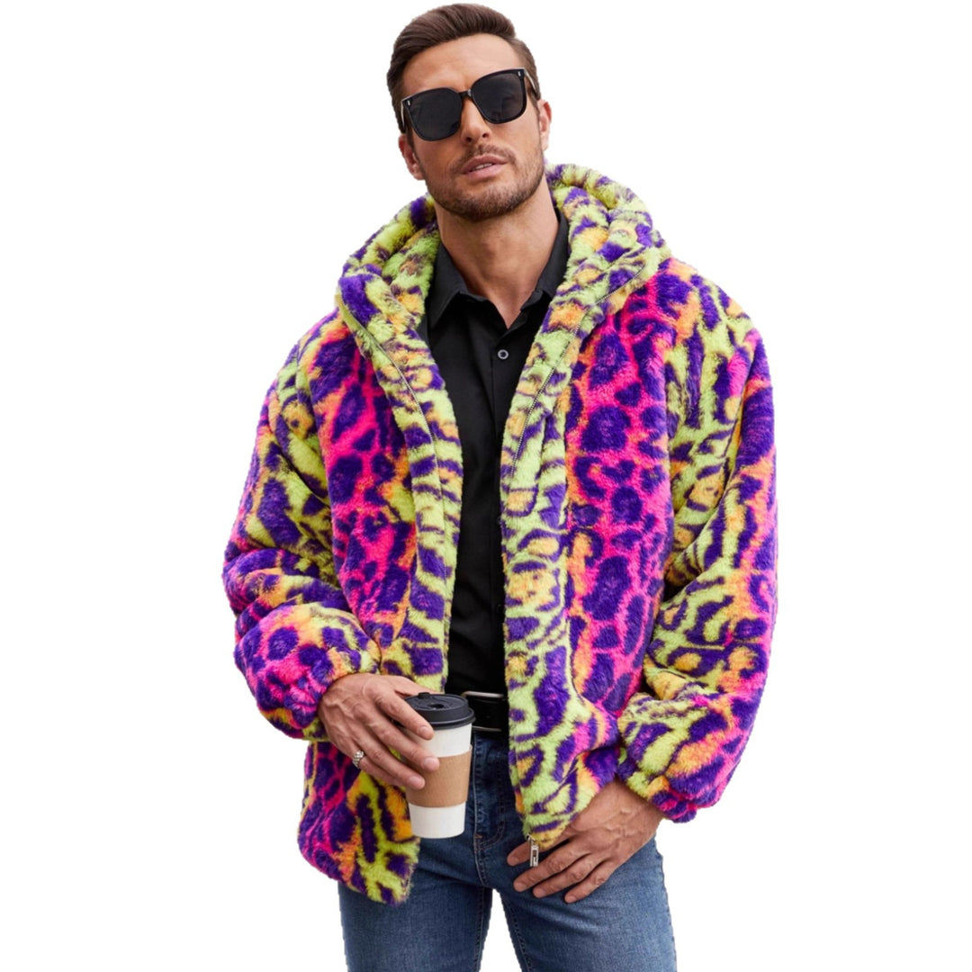 Herren Plüschjacke mit auffälligem Tierprint und Kapuze EB
