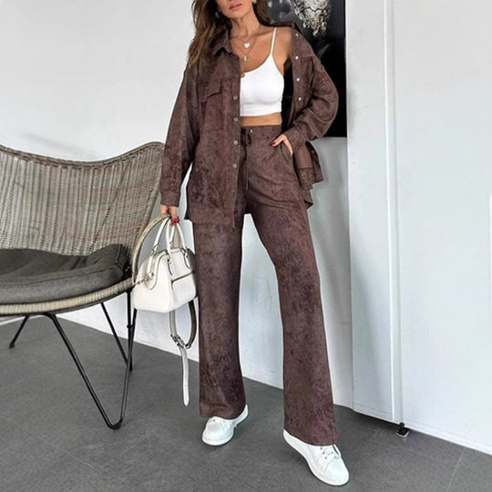 Damen Lässiges Blusen- und Hosen-Set aus weichem Material mit besonderen Texturen EB