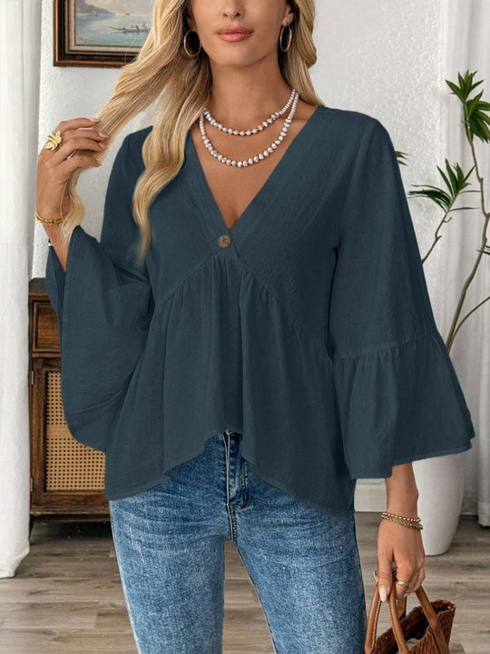 Damen nan elegante Empire-Bluse mit V-Ausschnitt, geraffter Brustnaht und Glockenärmeln EB