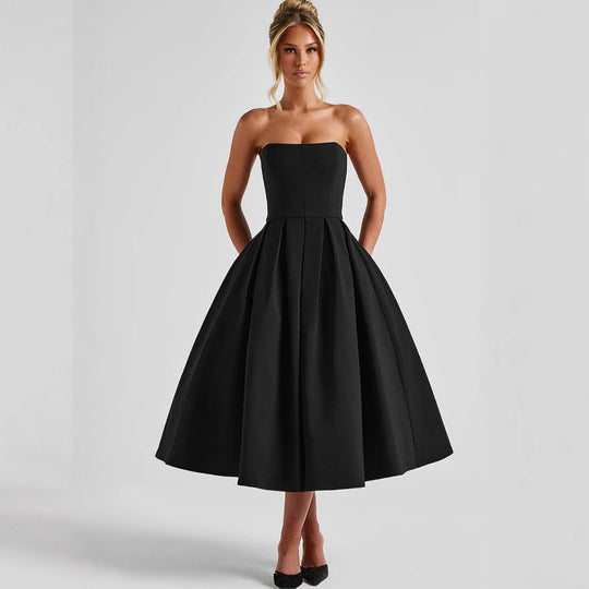 Damen Elegantes Midi-Kleid mit schwingendem Rock und raffiniertem Bandeau-Ausschnitt EB