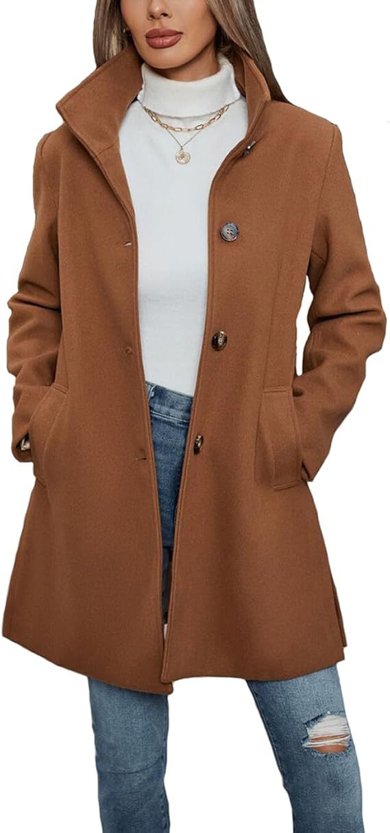 Damen Eleganter Wollmantel mit Hochgeschlossenem Kragen und Praktischen Taschen EB