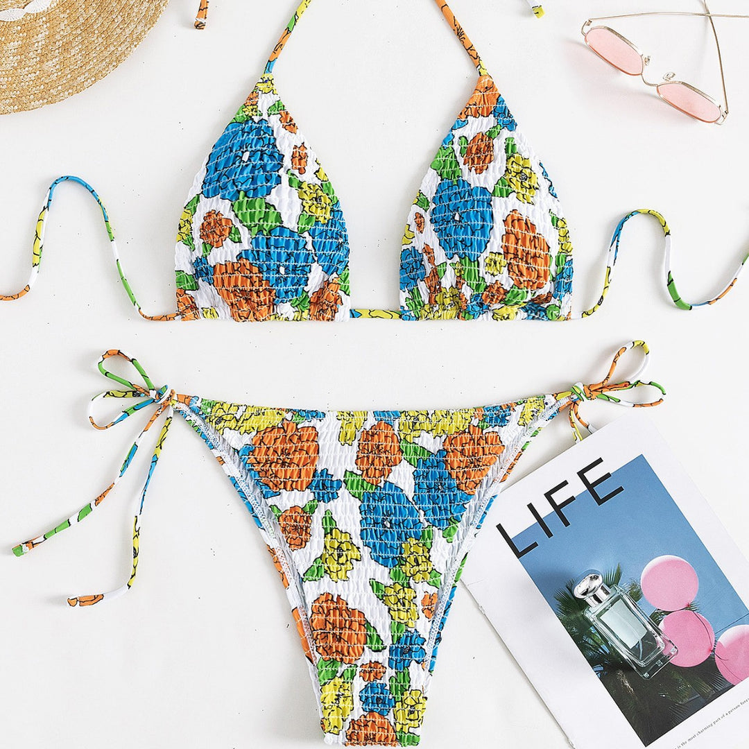 Damen Triangel-Bikini mit farbenfrohem Strukturdesign und verstellbaren Trägern EB