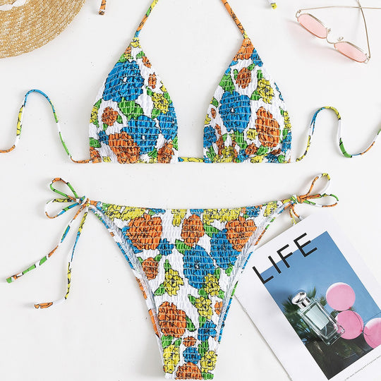 Damen Triangel-Bikini mit farbenfrohem Strukturdesign und verstellbaren Trägern EB
