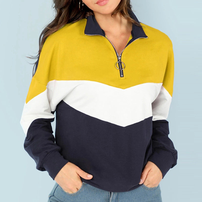 Damen sportlicher Sweatshirt mit hohem Kragen und farblich abgesetztem Design EB