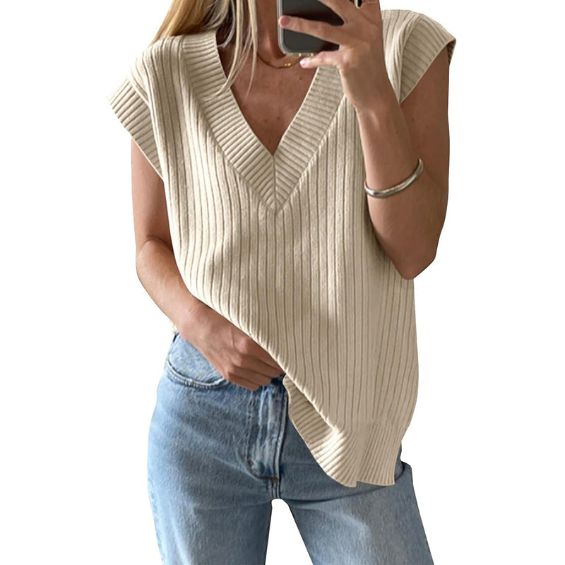 Damen lässiges V-Ausschnitt Oberteil aus Rippstrickmaterial EB