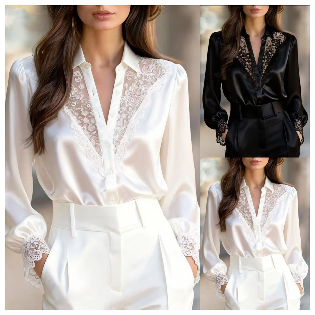 Damen elegante Bluse mit romantischen Spitzenakzenten EB