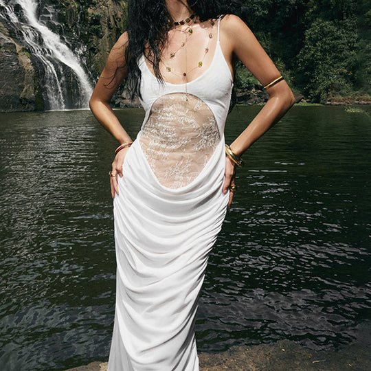 Damen Elegantes langes Kleid mit transparentem Spitzenbesatz und raffinierten Drapierungen EB