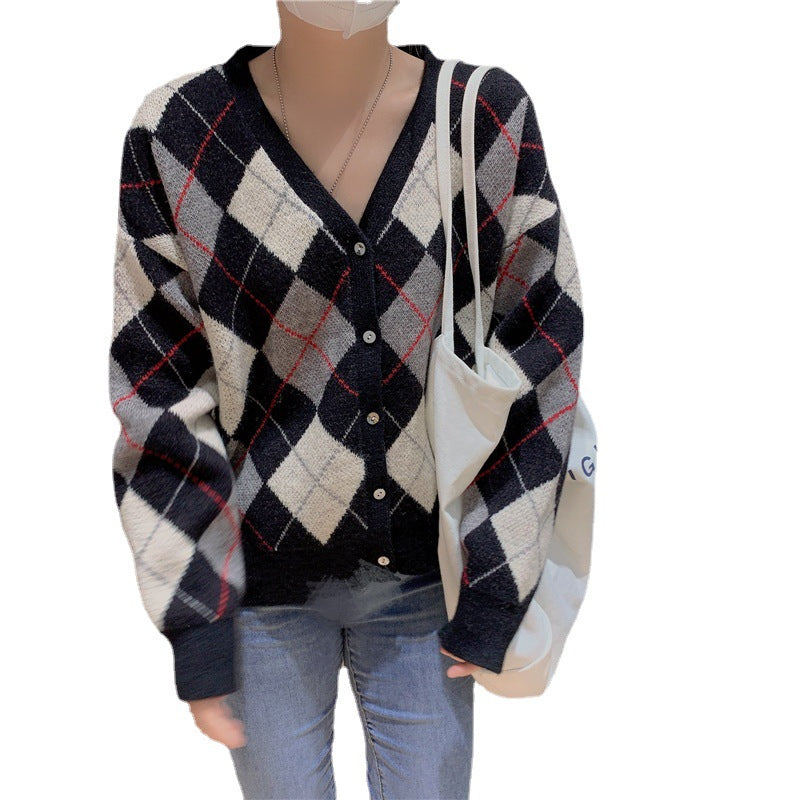 Damen Strickjacke mit modernem Rautenmuster und knöpfbarem Design EB