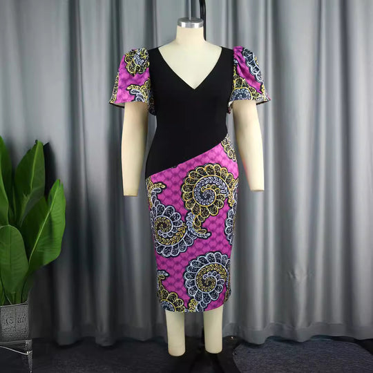 Damen Elegantes Etuikleid mit buntem Mustermix und Puffärmeln EB