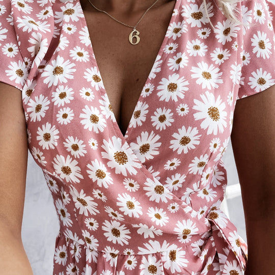 Damen florales Wickelkleid mit kurzem Ärmel und schwingendem Rock EB