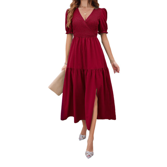 Damen Maxikleid mit hohem Schlitz und Puffärmeln EB
