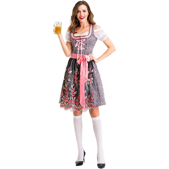 Damen nan traditionelles Kurzdirndl mit Spitzenärmeln, Schnürung und floraler Schürze EB