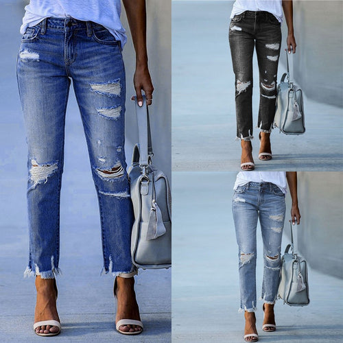Damen destroyed Jeans mit fransigen Säumen und modischen Rissen EB