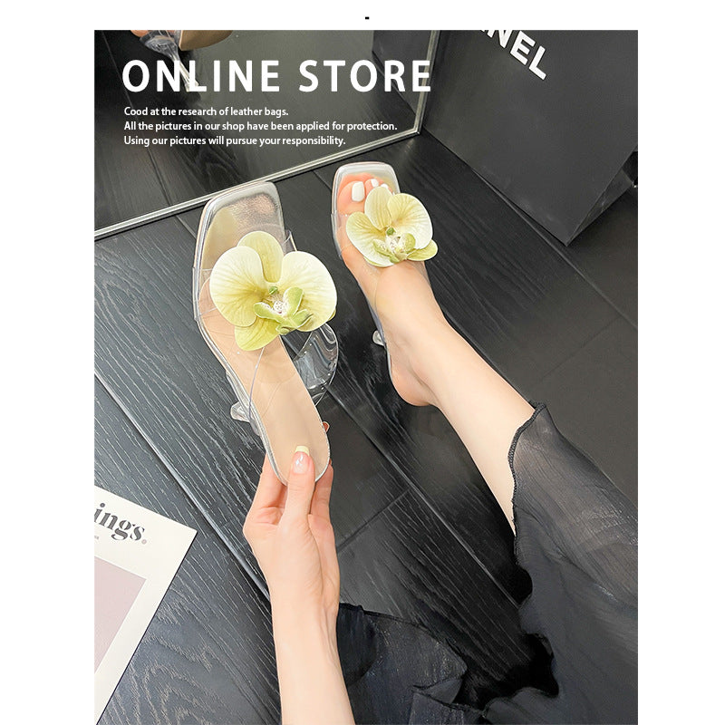Damen transparente Mules mit eleganter Blütenverzierung und hohem Absatz EB