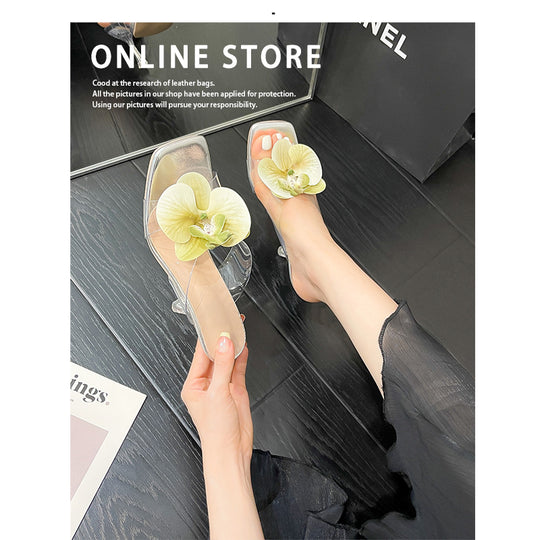 Damen transparente Mules mit eleganter Blütenverzierung und hohem Absatz EB