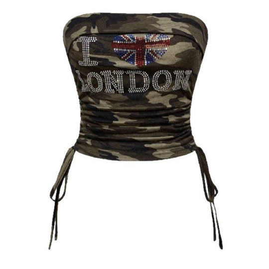 Damen Bustier-Oberteil mit Camouflage-Muster und Strass-Applikationen EB