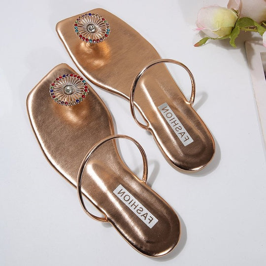 Damen elegante Zehentrenner-Sandalen mit funkelnder Schmuckapplikation EB