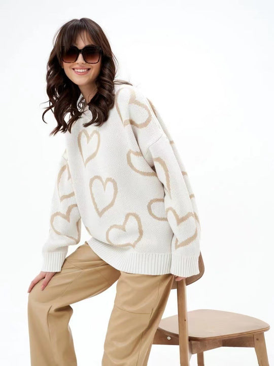 Damen lässiger Strickpullover mit Herzdesign und oversized Passform EB