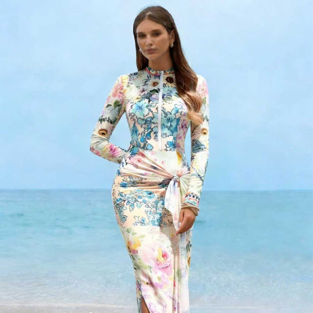 Damen Elegantes Langarm-Strandkleid mit floralem Design EB