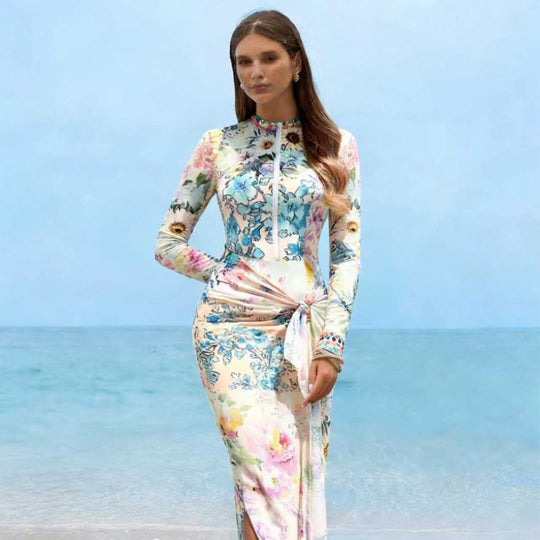 Damen Elegantes Langarm-Strandkleid mit floralem Design EB