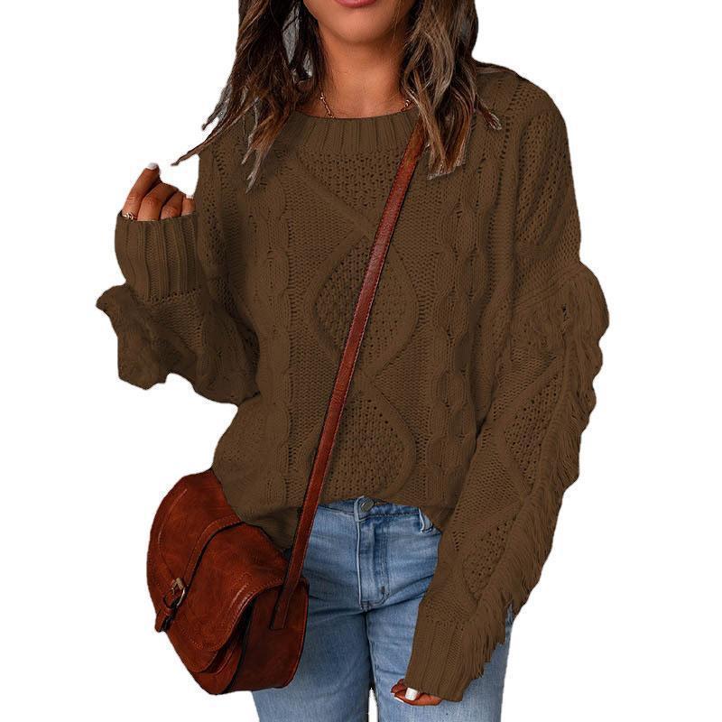 Damen Grobstrickpullover mit modischen Fransen und strukturiertem Design EB
