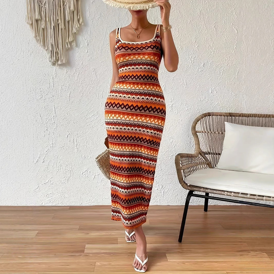 Damen Maxikleid mit auffälligem geometrischem Muster und seitlichem Schlitz EB
