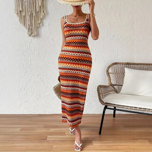 Damen Maxikleid mit auffälligem geometrischem Muster und seitlichem Schlitz EB