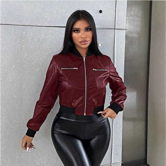 Damen cropped Kunstlederjacke mit glänzendem Finish und dekorativen Reißverschlüssen EB