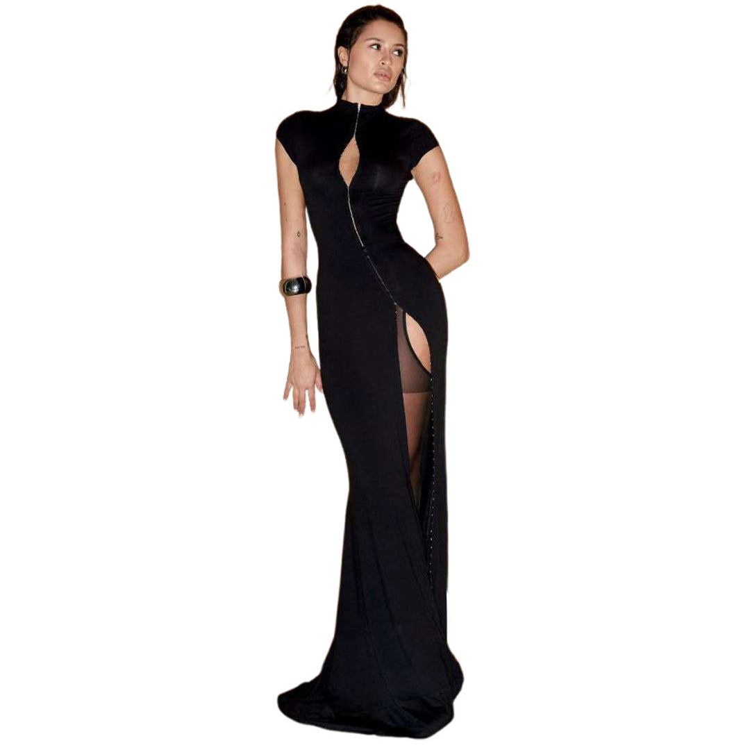Damen Elegantes Maxikleid mit länglichem Reißverschluss und hohem Schlitz EB