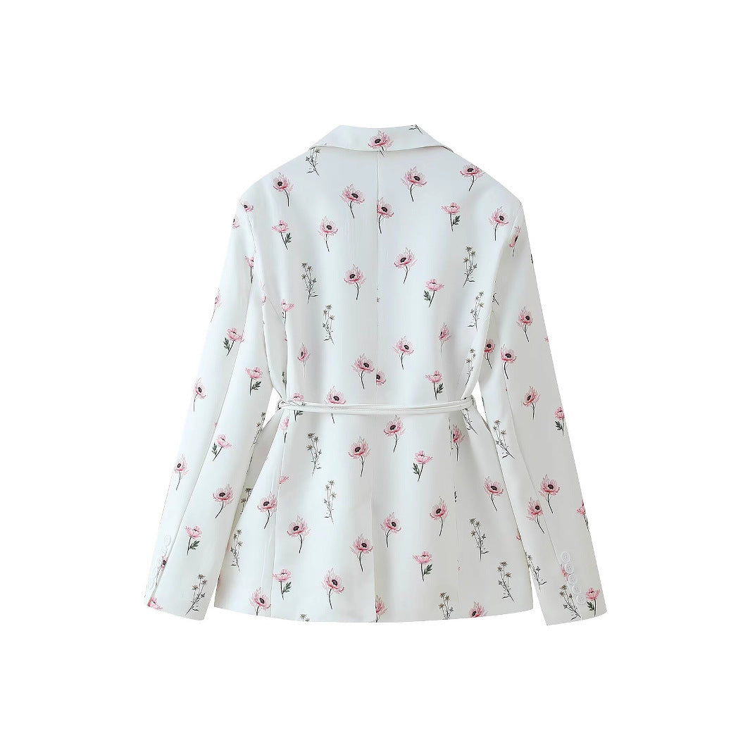 Damen stilvolle Blazerjacke mit floralem Design und tailliertem Gürtel EB