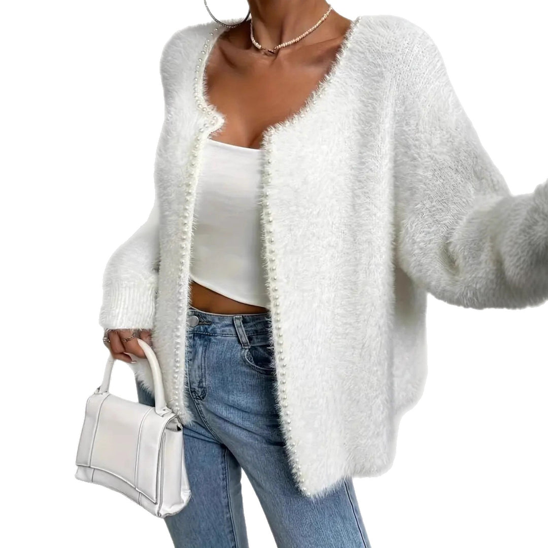Damen Flauschiger Cardigan mit Perlknöpfen und lässigem Schnitt EB
