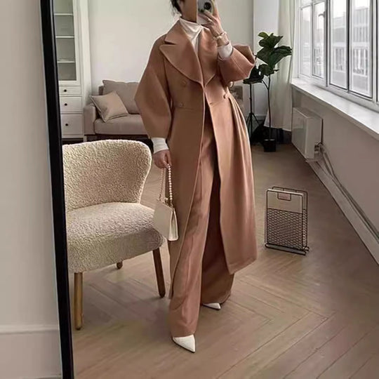 Damen nan taillierter Doppelreihiger Trenchcoat mit weitem Ärmel und hohem Beinschlitz EB