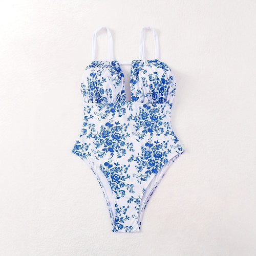 Damen Einteiliger Badeanzug mit floralem Design und tiefem V-Ausschnitt EB