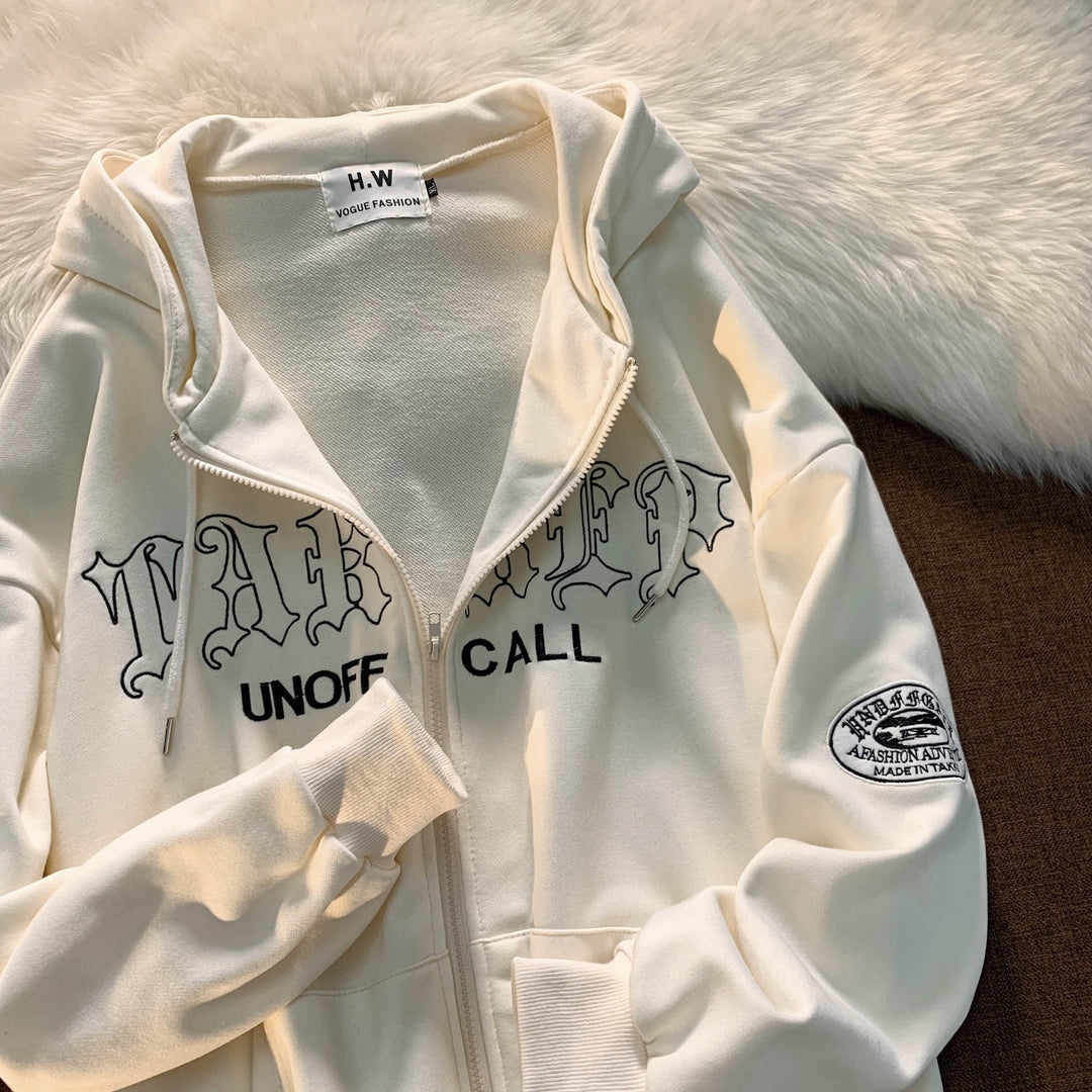 Unisex nan Reißverschluss-Hoodie mit Gothic-Schriftzug, Kapuze, Kängurutasche und Ärmelflock-Patch EB