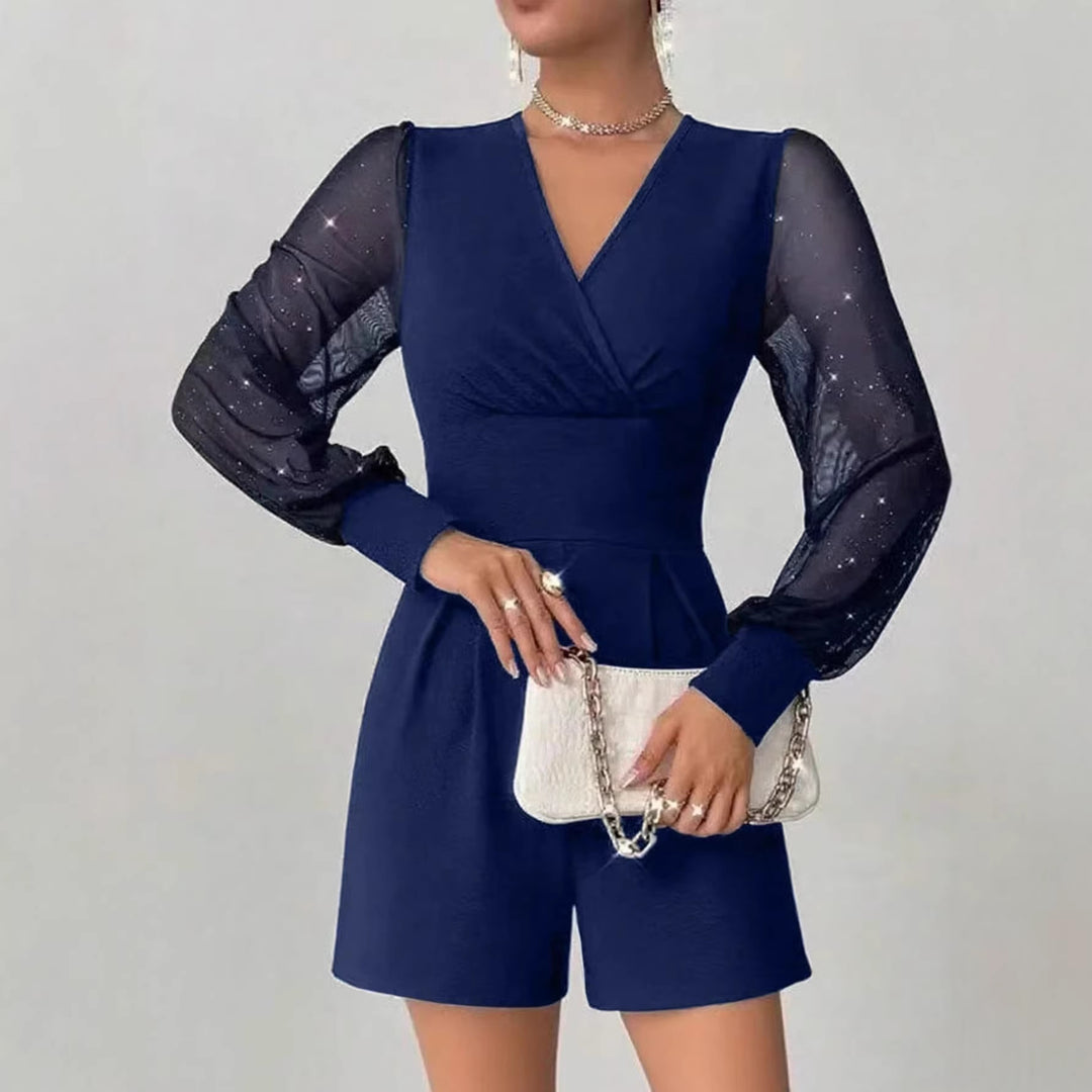 Damen eleganter Jumpsuit mit transparenten Puffärmeln und V-Ausschnitt EB