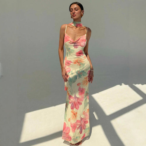 Damen Maxikleid mit raffinierten Spaghettiträgern und floralem Design EB