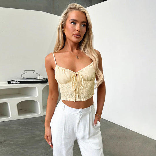 Damen verspieltes Crop-Top mit Bindeband und gerafftem Design EB