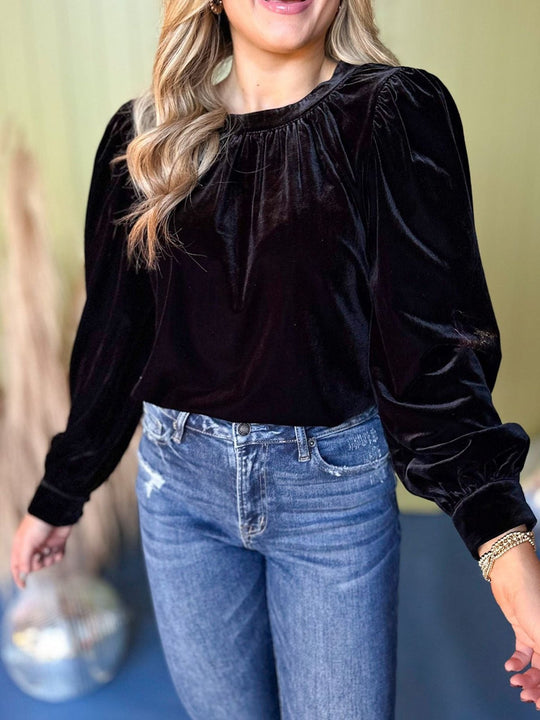 Damen Samtbluse mit Ballonärmeln und gerafftem Stehkragen EB