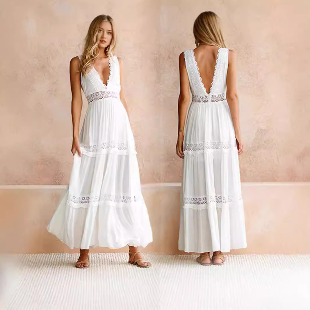 Damen Elegantes Maxikleid mit tiefem V-Ausschnitt und verspielten Häkelapplikationen EB