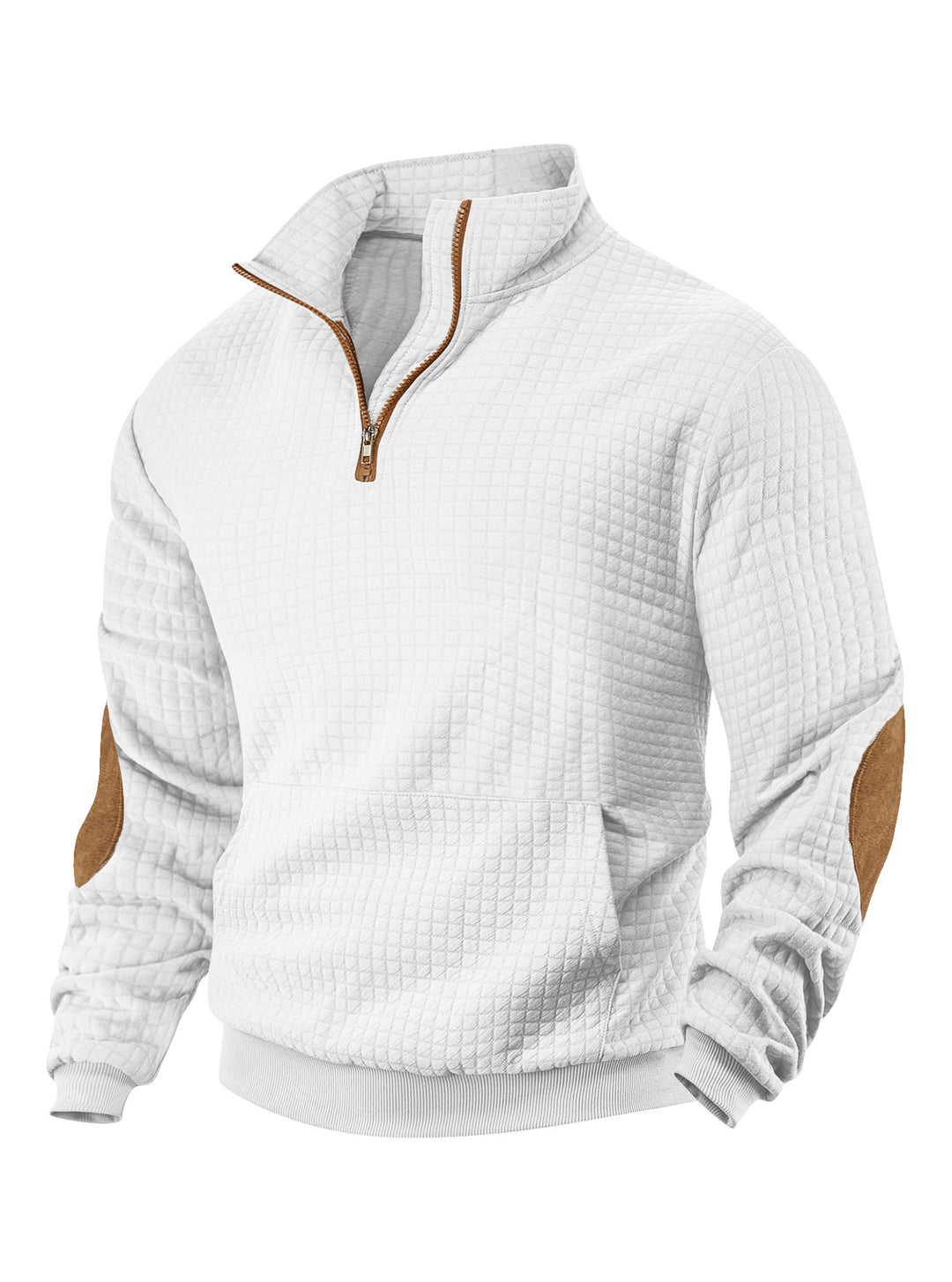 Herren nan Waffelstruktur-Halbzip mit Stehkragen, Kängurutasche und Wildlederoptik-Ellenbogenpatches EB