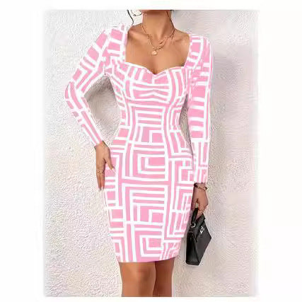 Damen Figurbetontes Langarmkleid mit geometrischem Muster und kreativem Ausschnitt EB
