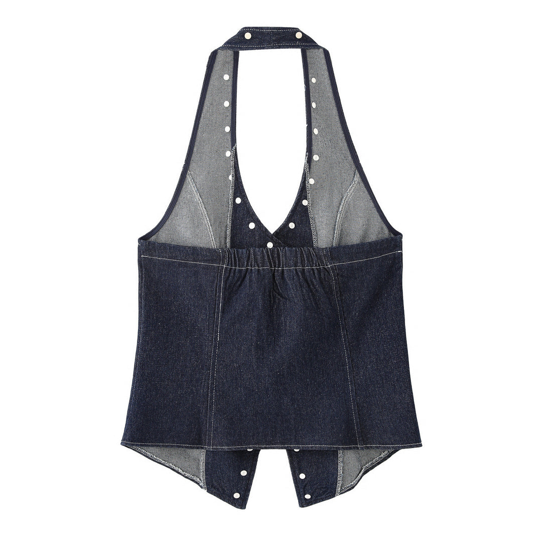 Damen elegante Denim-Weste mit dekorativen Druckknöpfen und lässigem Schnitt EB
